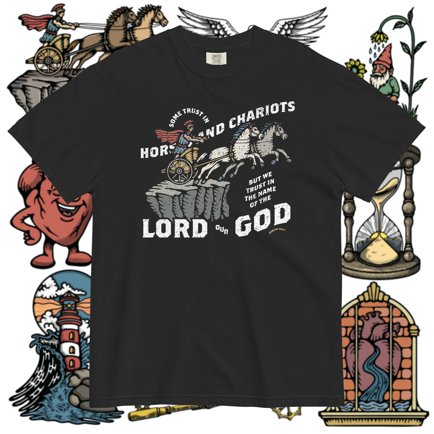 Horses and Chariots | Psalm 20:7 | Dark Mode Christian T-Shirt