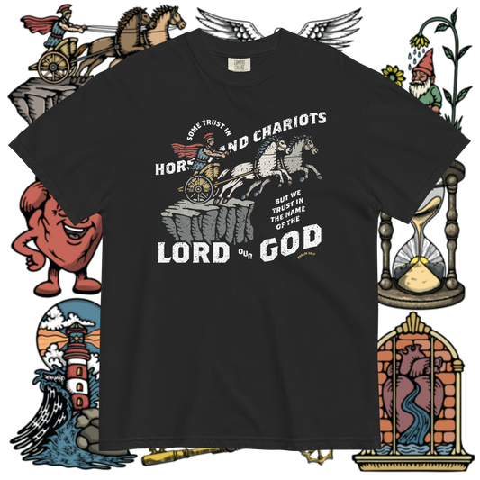 Horses and Chariots | Psalm 20:7 | Dark Mode Christian T-Shirt